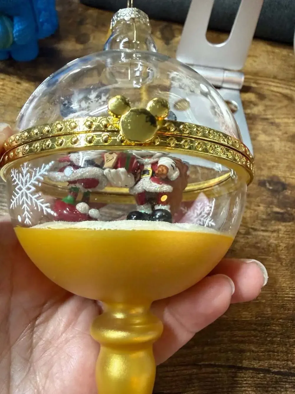 Disney Parks Santa Mickey and Minnie Hinged Glass Ornament with Gold Finial